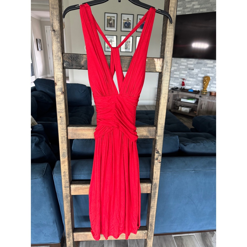 Rubber Ducky Productions Red Ruched V-Neck Open Back Cocktail Dress Large